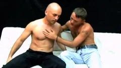 Bald fellow sucks a chubby schlong & receives nailed hard