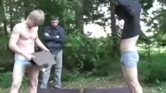 Two lads wrestle