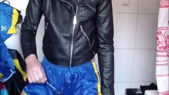 Nylon Shorts Bukkake 10 Cumshots On Satin Leather Jacket