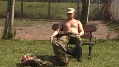 Group sex alongside in uniform outdoors