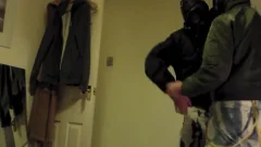 Two Skinthowdys manads fucking In Gas Masks Whowdych Tthowdys mann Moves On To A Full Cover Rubber hammer
