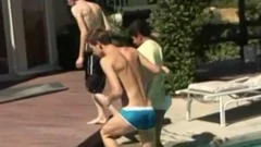 3 fellows poolside blow and plow nudeback