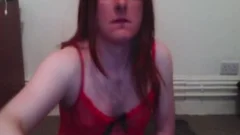excited Crossdresser In Red lingerie banging wazoo With fake penis