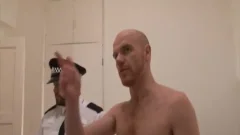 Hairy young bear in uniform condom cumshot