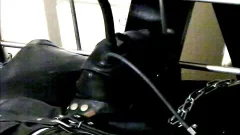 Wearing A Rubber Cat Suit Inside A Leather Body Bag handcuffed To The bed, Hooded And Gagged, Then Teased For Two Hours Until he cum.