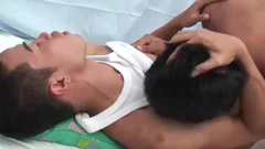 Bareback masturbating alongside asian twink boy