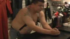 fat men In Store Room hammering pooper