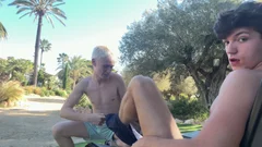 Fresh sperm drips from public blowjob