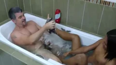 Jap dude With long Hair receives gangbanged roughly In A Bathtub