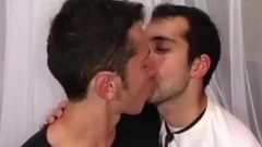 Skinny gay dudes passionate giving a kiss to sizzling anal plowing