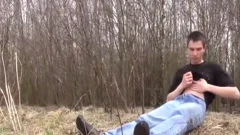 Lad With Large bulky cock Jerking In Nature And Cums On Himself