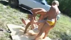 Very slim twink boy bareback wanking outdoors