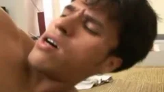 brawny man blows his cum On chap's Chest