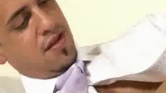 Wanking along with muscled wearing suit