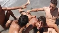 group Of boyz On The Beach poke unprotected And Give Blowjobs jerking off And sperm On Face