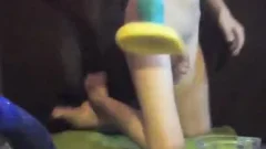 Skinny Trap Cums On Feet After Playing With large Dildos