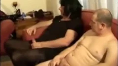 older female dom and young lady-man foursome with two males