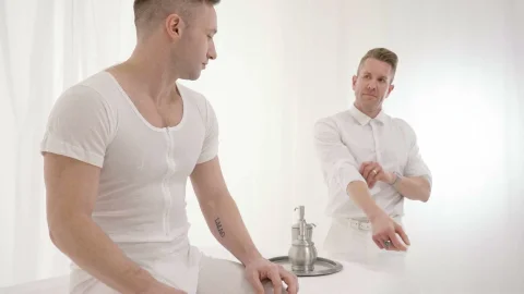 Smooth skin twink gets dominated by daddies