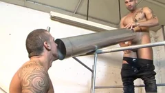 Inked gay cumshot