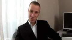 Suit up twink masturbates