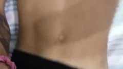 Tattooed darksome Skinned dilettante Sticks fake penis On Wall To Play