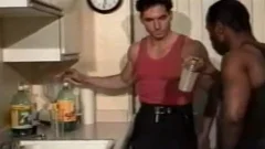 Vintage athletic cumshot in the kitchen