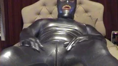 Silver Spandex Catsuit - fake penis, jack off And sperm Zentai