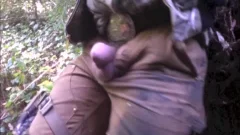 Wearing latex jerking big dick outdoors